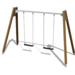 light brown wooden swing set with black seats