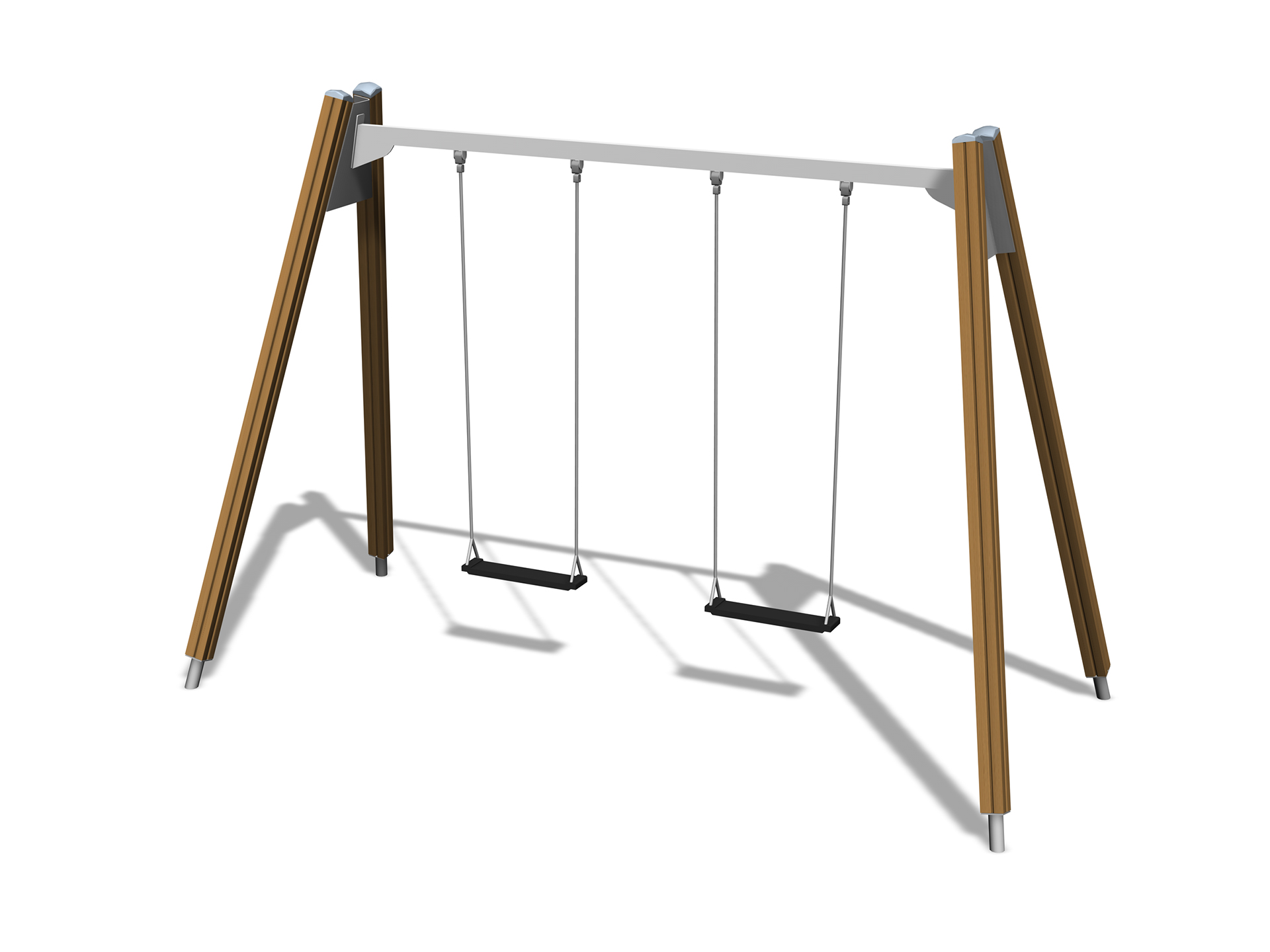 light brown wooden swing set with black seats