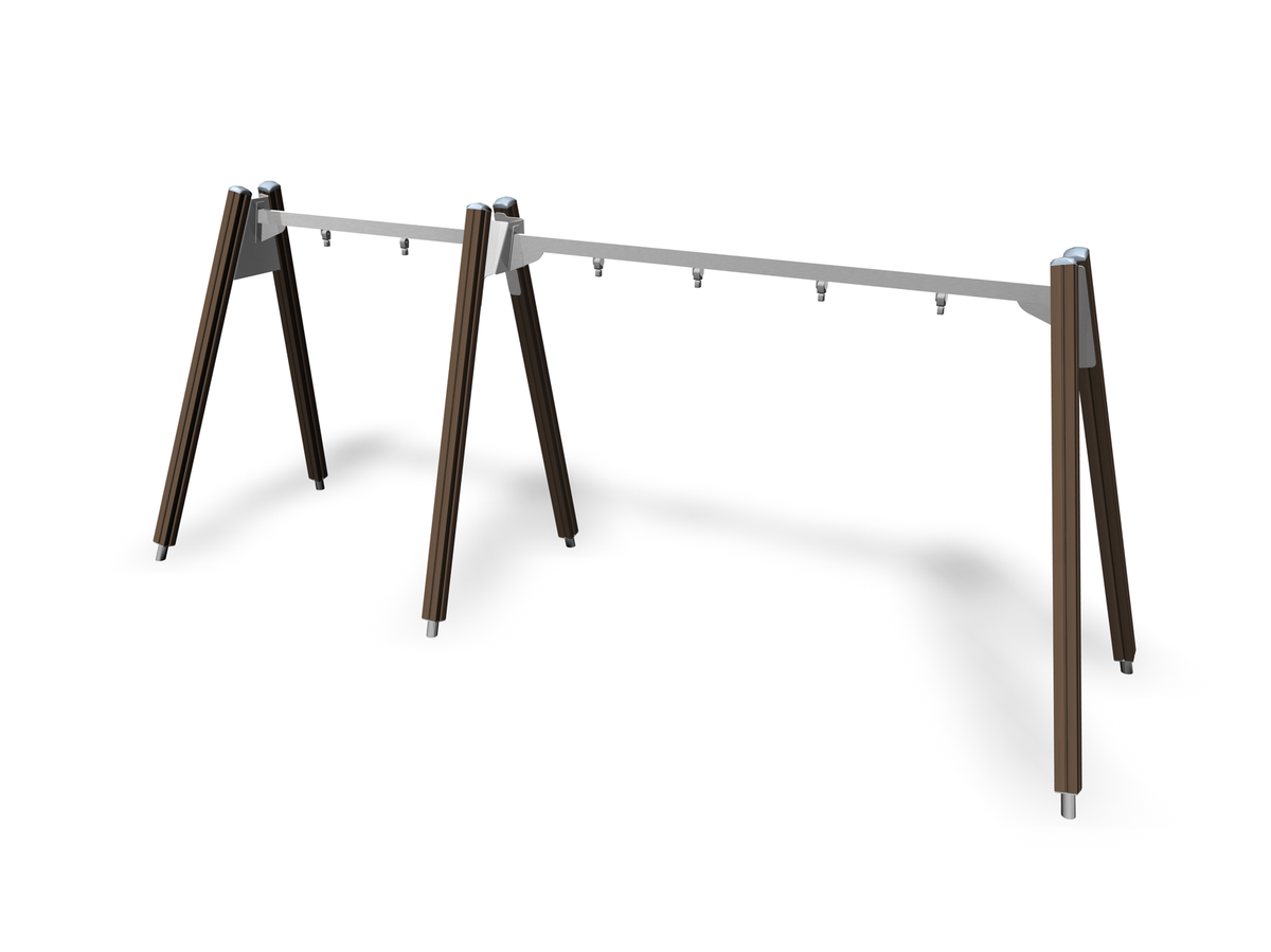 wooden and metal swingset for three