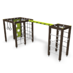 wooden climbing frames connected by green monkey bars