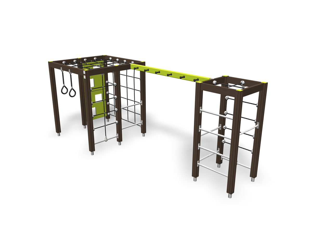 wooden climbing frames connected by green monkey bars