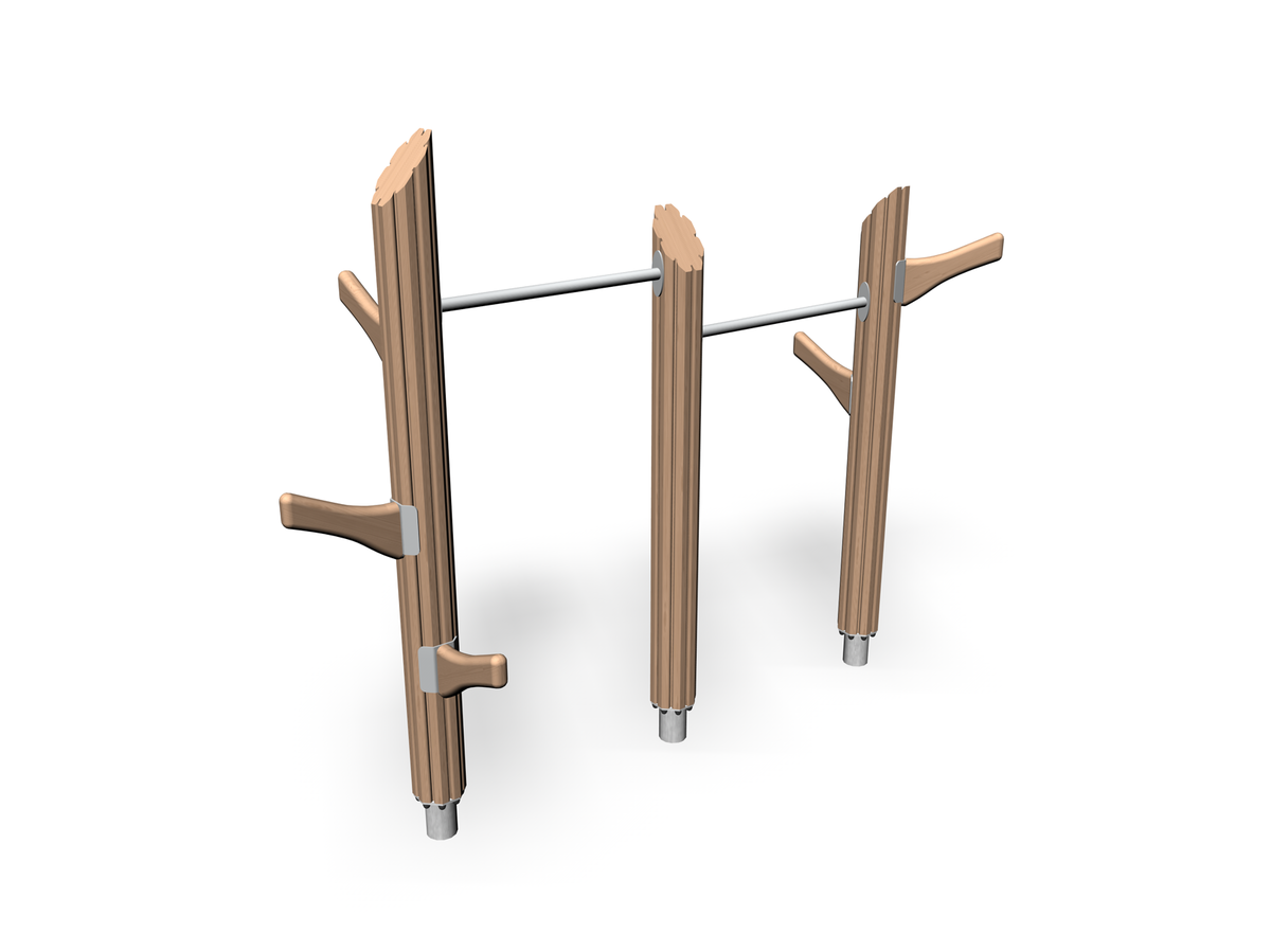 3 kids climbing posts connected by hanging bars