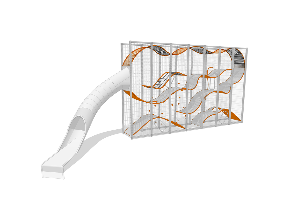 wall style activity tower with rope climbing and slide