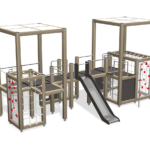 two wooden climbing towers with slide in the middle