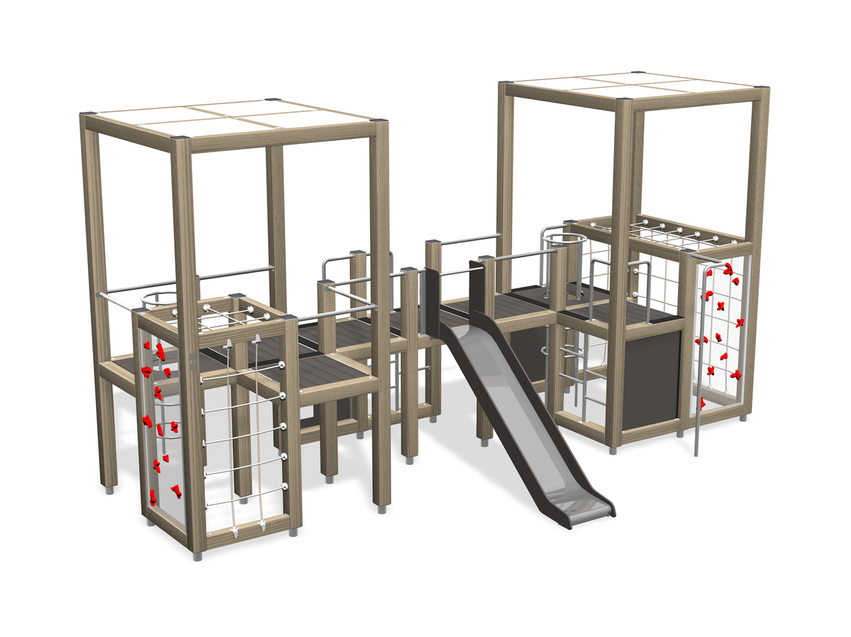 two wooden climbing towers with slide in the middle