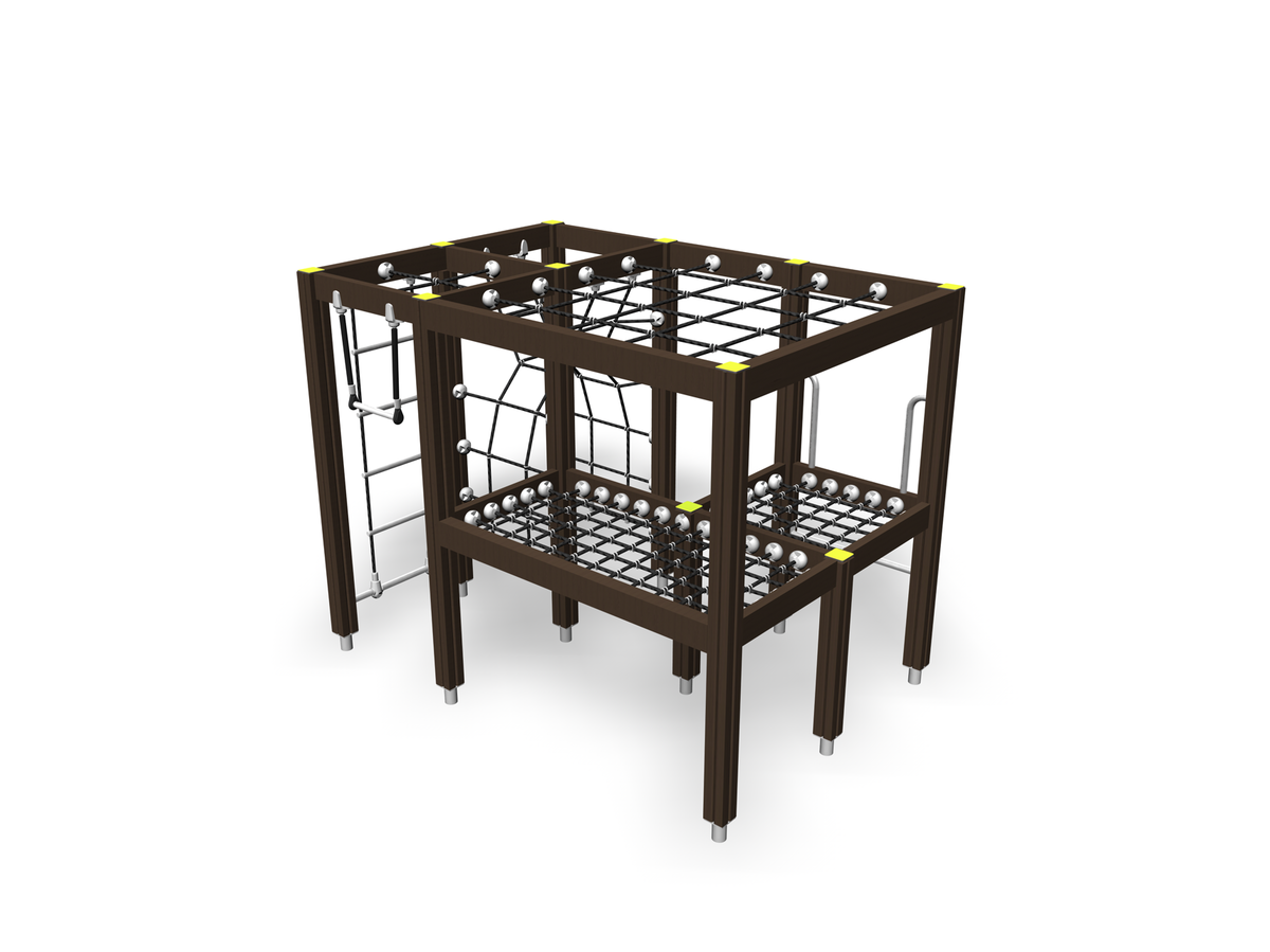 3d render of wooden climbing frame with climbing nets