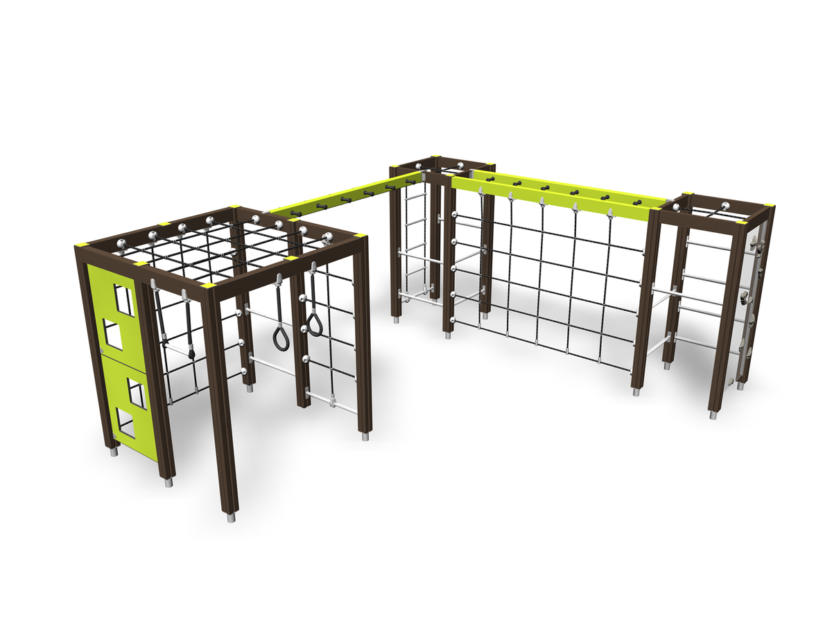 3 climbing towers connected by green monkey bars
