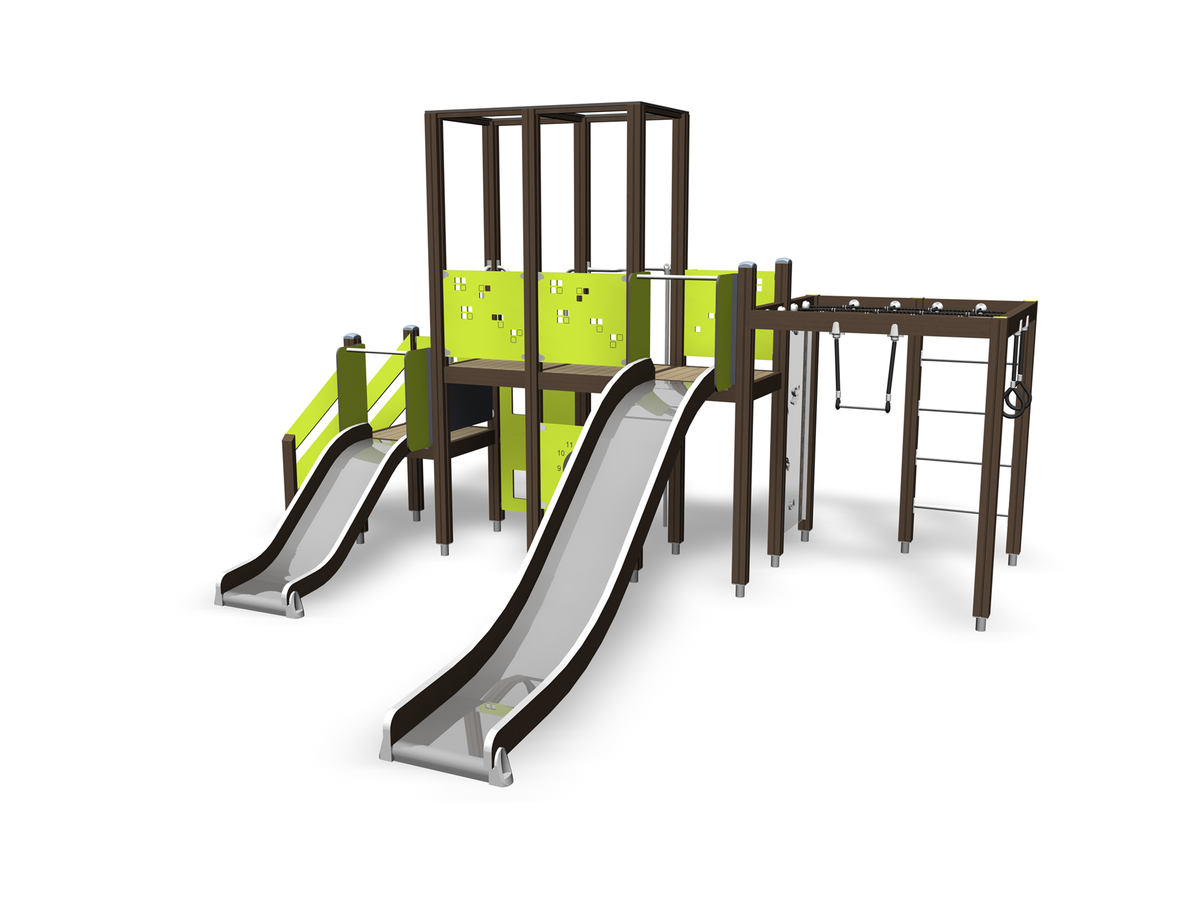 lime green activity tower with two slides