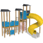 wall style activity tower with winding yellow slide
