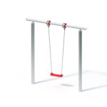 metal swing set with red seat