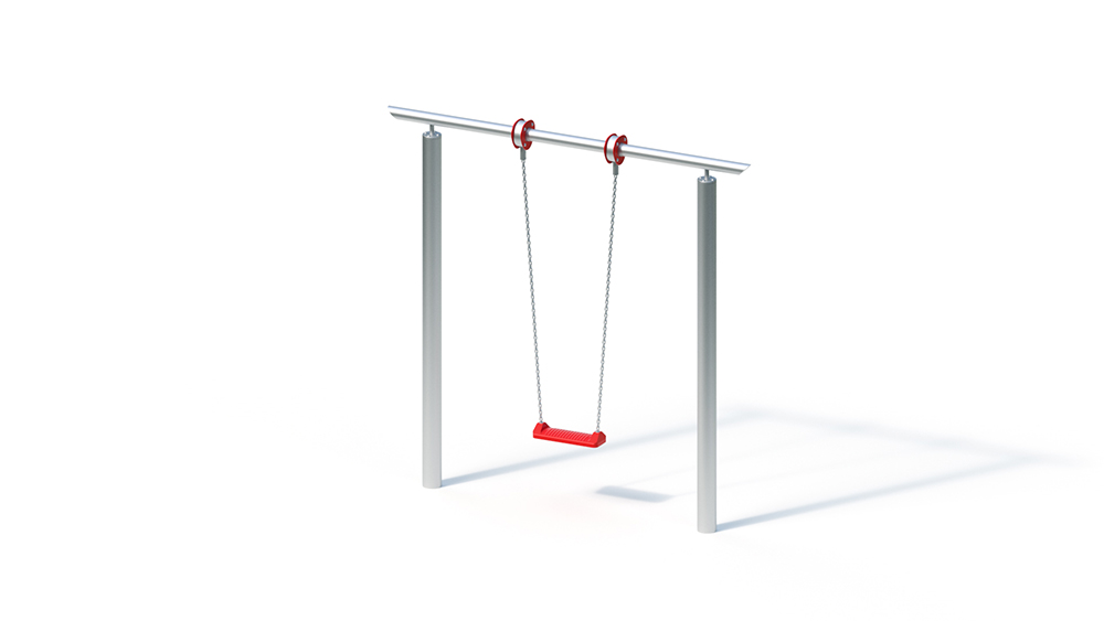 metal swing set with red seat