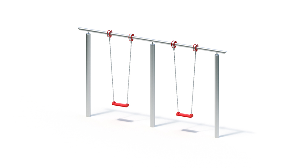 metal swing set for two with red seats