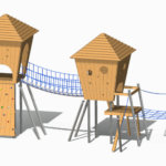 play towers with rope bridges and climbing wall