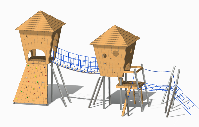 play towers with rope bridges and climbing wall
