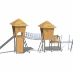 play towers with blue rope bridges and climbing wall