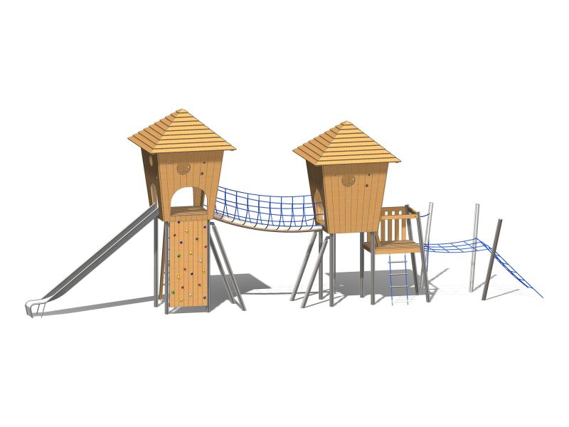play towers with blue rope bridges and climbing wall