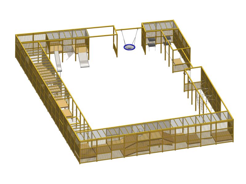 square activity area with slides and swings