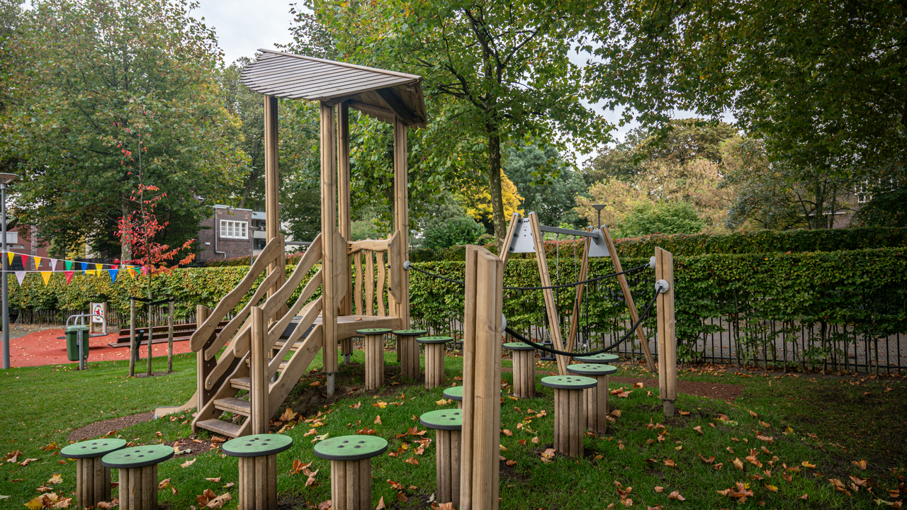 natural wooden playground equipment in a small park