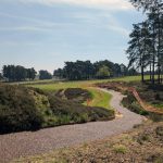 Curving TigerTrak path running through heather and trees at Hankley Common Golf Club"
